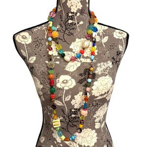 Colorful Handmade Glass & Ceramic Beaded Necklace 61" Long Boho Eclectic Style